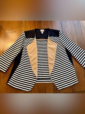 Chico's Black & White Striped Open Blazer with Tan Lapels